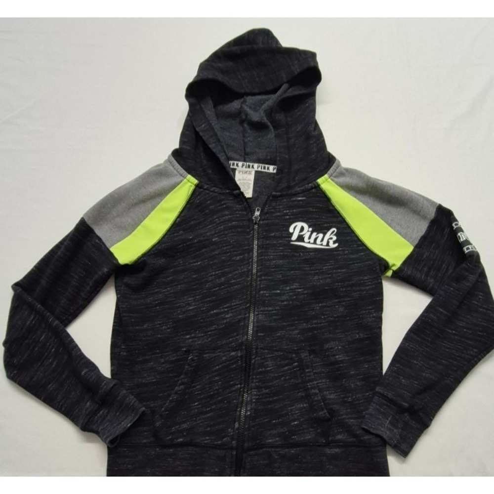 VS Pink women's heathered black hoodie full zip jacket green/gray details sz S/P